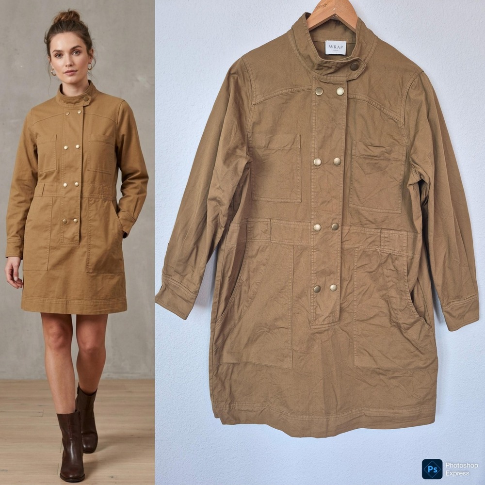 Wrap London Women's Cotton Utility Dress Brown Mock Neck Long Sleeve Size 8